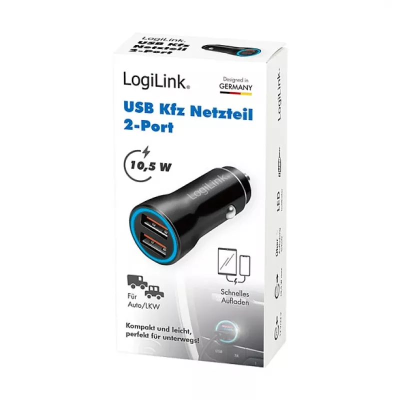 LogiLink PA0285 caricabatterie USB da auto 2 porte 10,5 W, con LED, nero