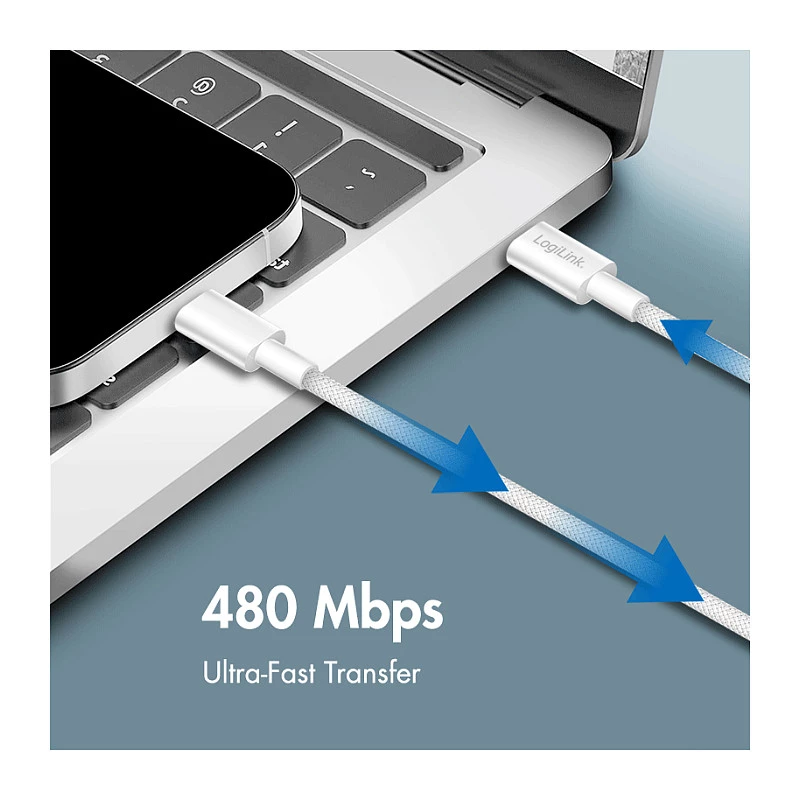 LogiLink CU0320 cavo USB 2.0 Type-C, USB-A a USB-C, 480 Mbps, 60W, nylon intrecciato, bianco, 0,5 m