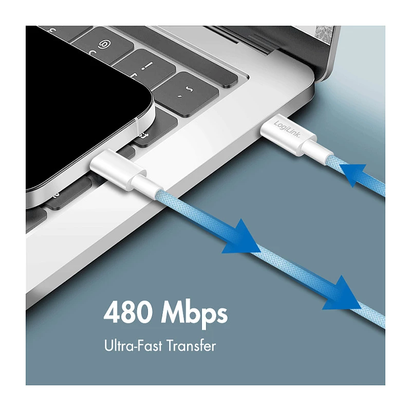 LogiLink CU0349 cavo USB 2.0 Type-C su Type-C, 0,5 m, 480 Mbit/s, 60 W Power Delivery, nylon intrecciato, blu