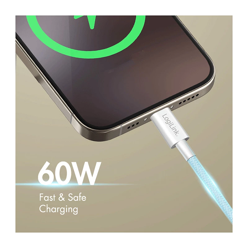 LogiLink CU0350 cavo USB 2.0 Type-C a Type-C, 1 m, nylon intrecciato, blu, 60W Power Delivery, 480 Mbps