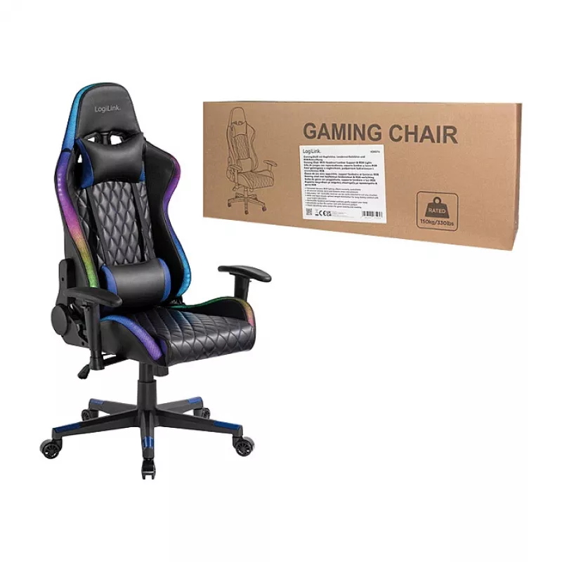 LogiLink EO0076 sedia gaming con illuminazione RGB, supporto lombare, nero/blu