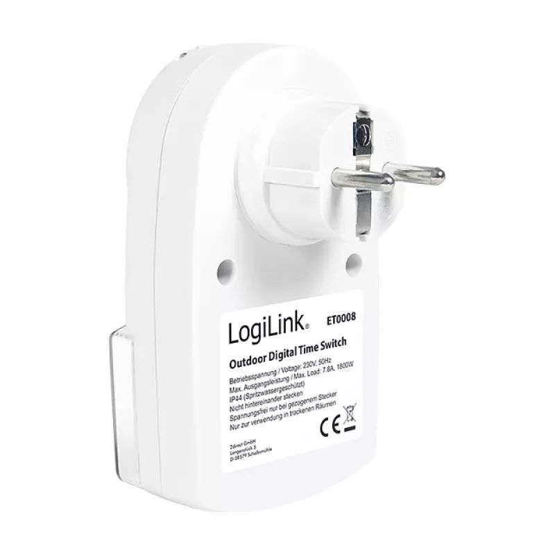 LOGILINK ET0008 Timer digitale da esterno - IP44, 10 programmi ON/OFF, 16A/3680W, Schuko (tipo F), nero/grigio