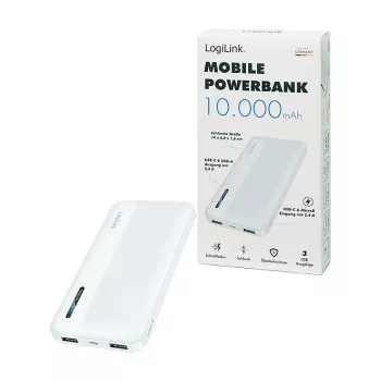 Logilink Power Bank mobile, LiPo, 10000 mAh, USB-C in/out, Bianco
