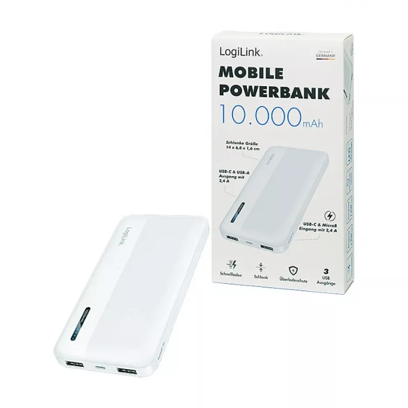 Logilink Power Bank mobile, LiPo, 10000 mAh, USB-C in/out, Bianco