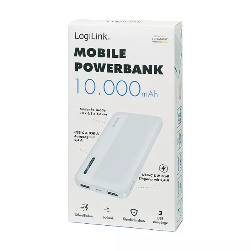 Logilink Power Bank mobile, LiPo, 10000 mAh, USB-C in/out, Bianco