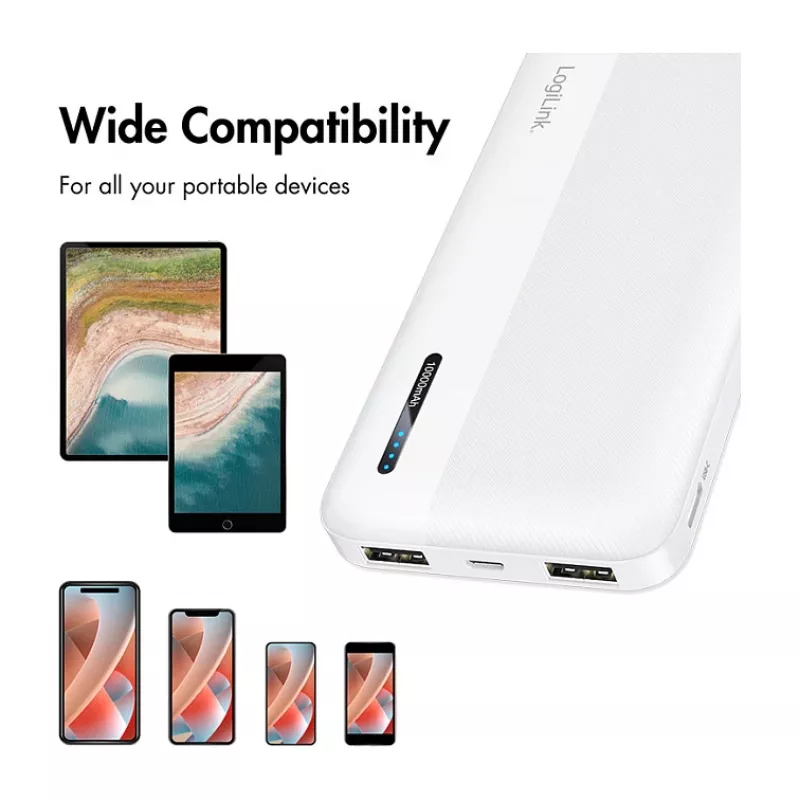 Logilink Power Bank mobile, LiPo, 10000 mAh, USB-C in/out, Bianco