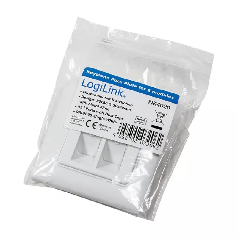 LogiLink NK4020 presa a parete keystone, da incasso, 2 moduli, bianco segnale