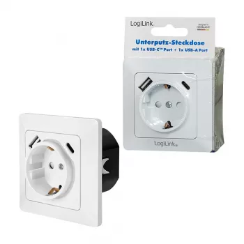 LOGILINK PA0253 presa a muro con 1 presa Schuko, 1 porta di ricarica USB-A e 1 USB-C, 3,1 A, bianco