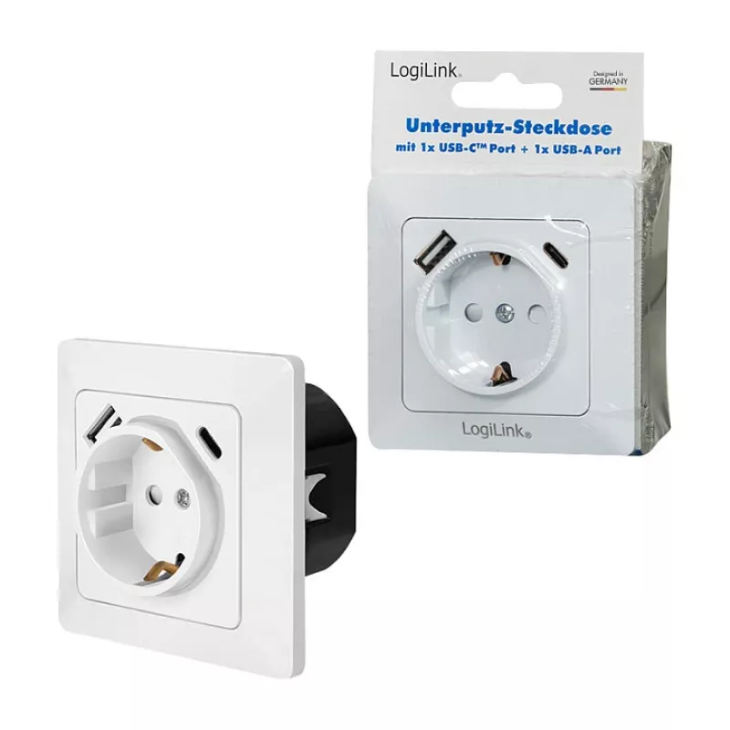 LOGILINK PA0253 presa a muro con 1 presa Schuko, 1 porta di ricarica USB-A e 1 USB-C, 3,1 A, bianco