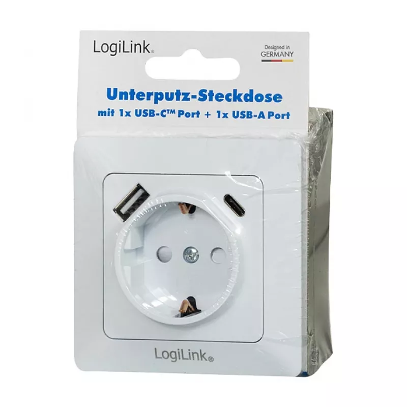 LOGILINK PA0253 presa a muro con 1 presa Schuko, 1 porta di ricarica USB-A e 1 USB-C, 3,1 A, bianco