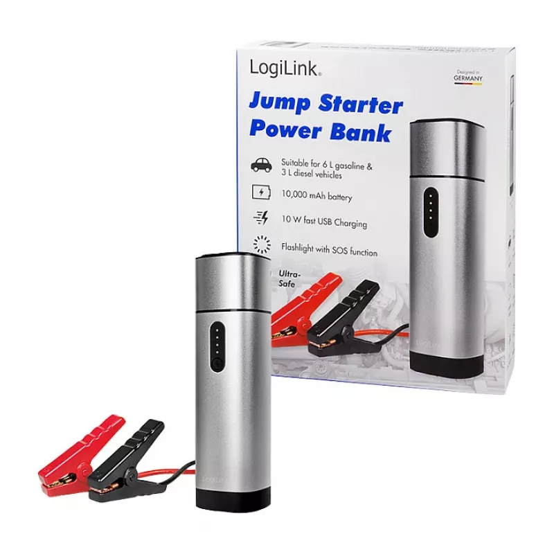 LogiLink PA0266 avviatore di emergenza per auto e power bank, 10000 mAh, torcia LED