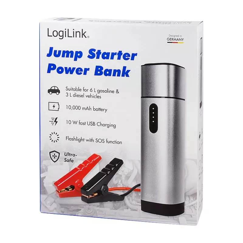 LogiLink PA0266 avviatore di emergenza per auto e power bank, 10000 mAh, torcia LED