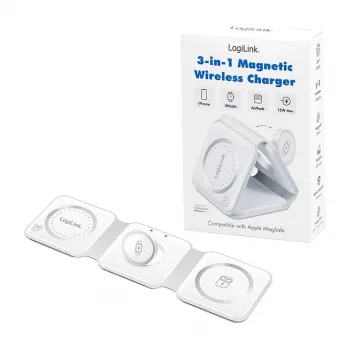LOGILINK PA0344 caricabatterie magnetico 3-in-1 per dispositivi Apple, bianco, pieghevole, MagSafe, 15W