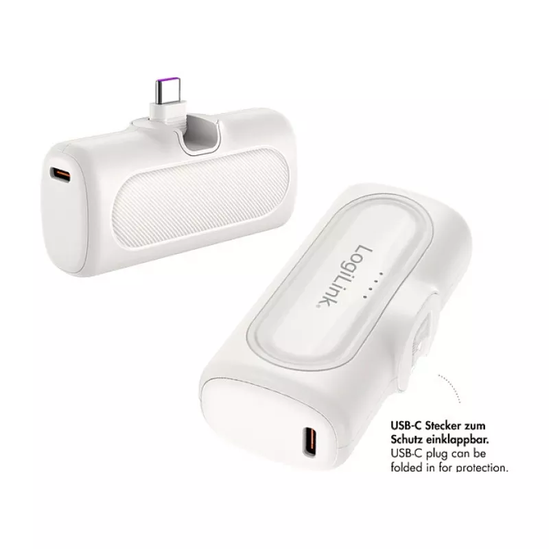 LogiLink PA0349W power bank portatile, 5000 mAh, LiPo, connettore USB-C pieghevole integrato e porta USB-C, bianco