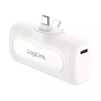LogiLink PA0349W power bank portatile, 5000 mAh, LiPo, connettore USB-C pieghevole integrato e porta USB-C, bianco