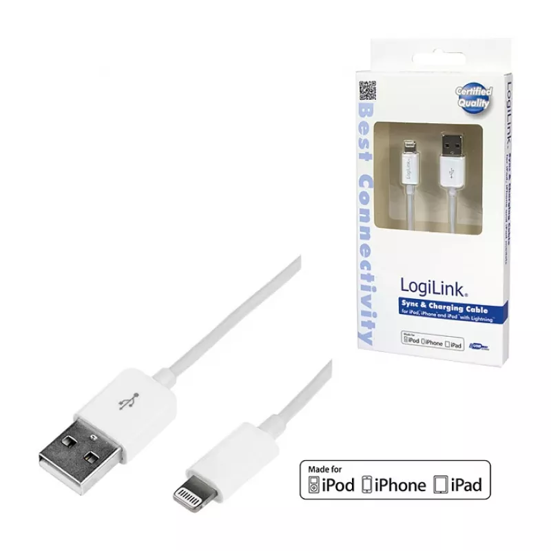 Logilink UA0199 cavo Lightning, certificato MFI, USB-A a Lightning 8-Pin, bianco, 1m (ricarica rapida e sincronizzazione)