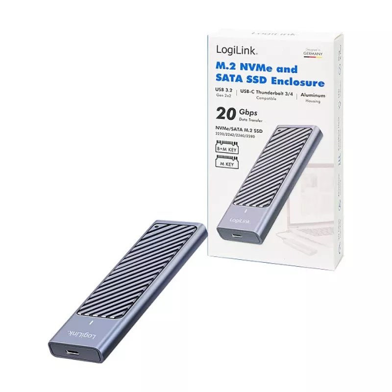 LogiLink UA0435 case per SSD USB 3.2 Gen 2x2, M.2 NVMe/SATA, USB-C, 20 Gbps, grigio