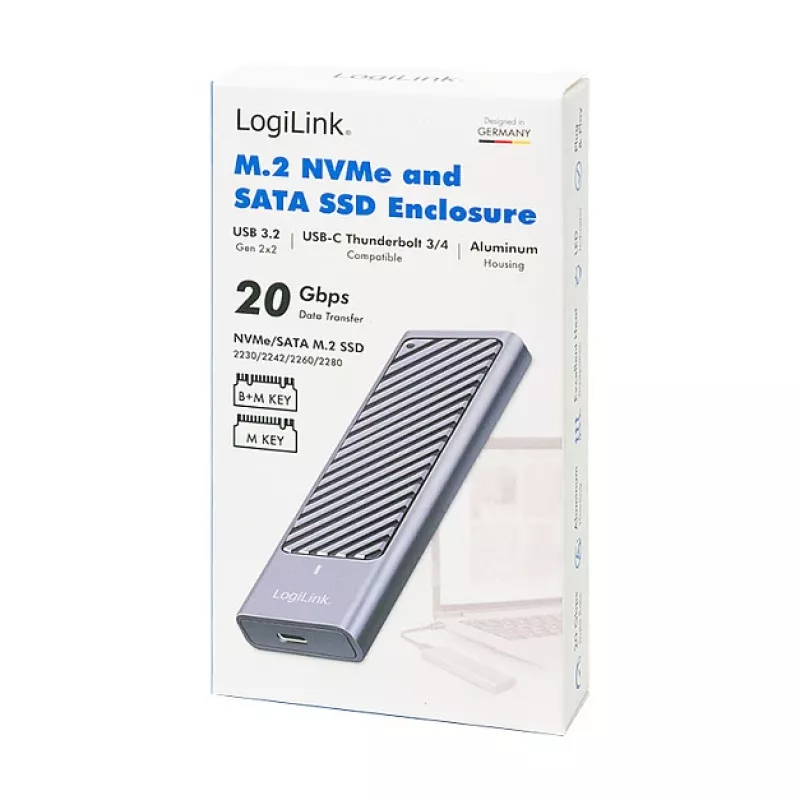 LogiLink UA0435 case per SSD USB 3.2 Gen 2x2, M.2 NVMe/SATA, USB-C, 20 Gbps, grigio