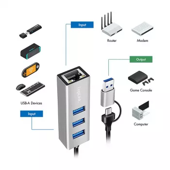 Logilink UA0440 Hub USB 3.2 Gen 1 a 3 porte con adattatore Gigabit Ethernet, connettore USB-C e USB-A, alluminio