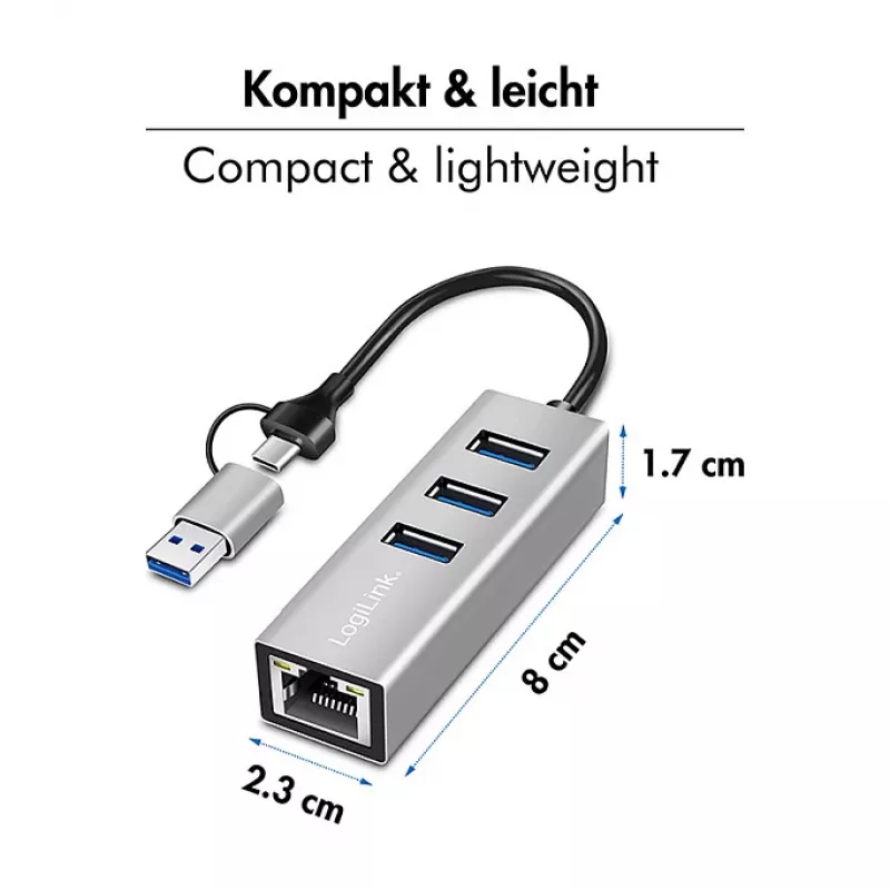 Logilink UA0440 Hub USB 3.2 Gen 1 a 3 porte con adattatore Gigabit Ethernet, connettore USB-C e USB-A, alluminio