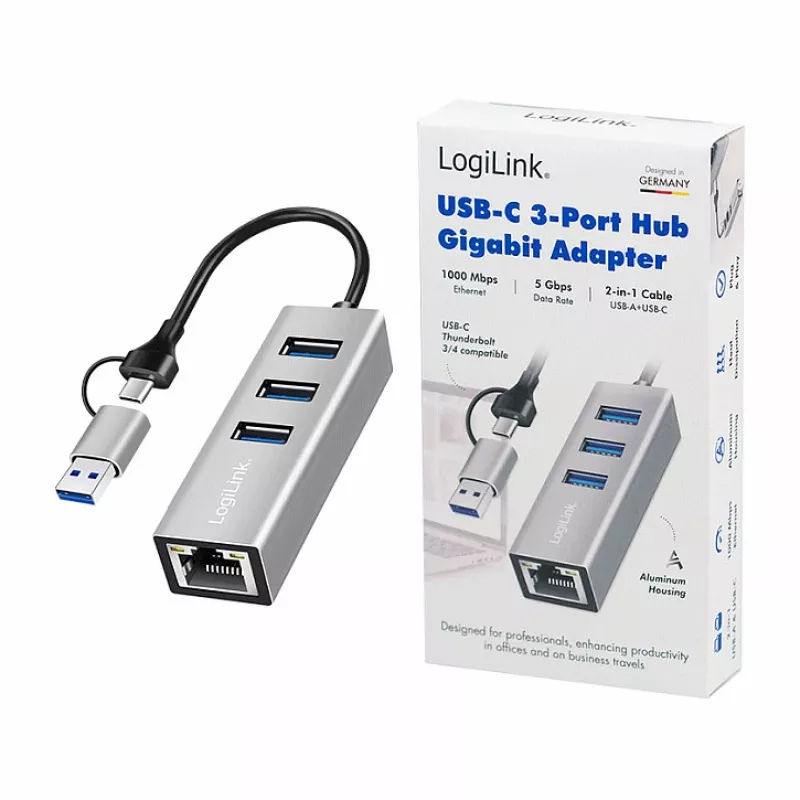Logilink UA0440 Hub USB 3.2 Gen 1 a 3 porte con adattatore Gigabit Ethernet, connettore USB-C e USB-A, alluminio