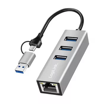 Logilink UA0440 Hub USB 3.2 Gen 1 a 3 porte con adattatore Gigabit Ethernet, connettore USB-C e USB-A, alluminio