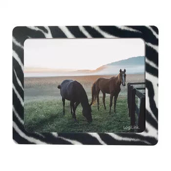LogiLink tappetino mouse ultra piatto con cornice portafoto integrata, design zebra, base in gomma antiscivolo, 2 mm, foto 10 x 15 cm, bianco/nero