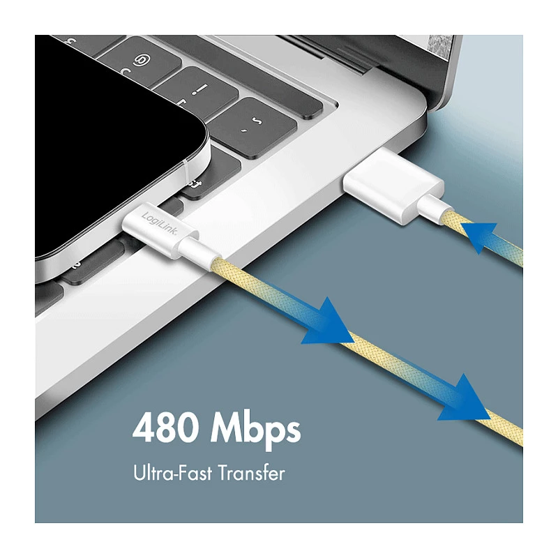 LogiLink Cavo USB 2.0 Type-C, A/M su C/M, 480 Mbps, 60W, nylon, giallo, 0,5 m