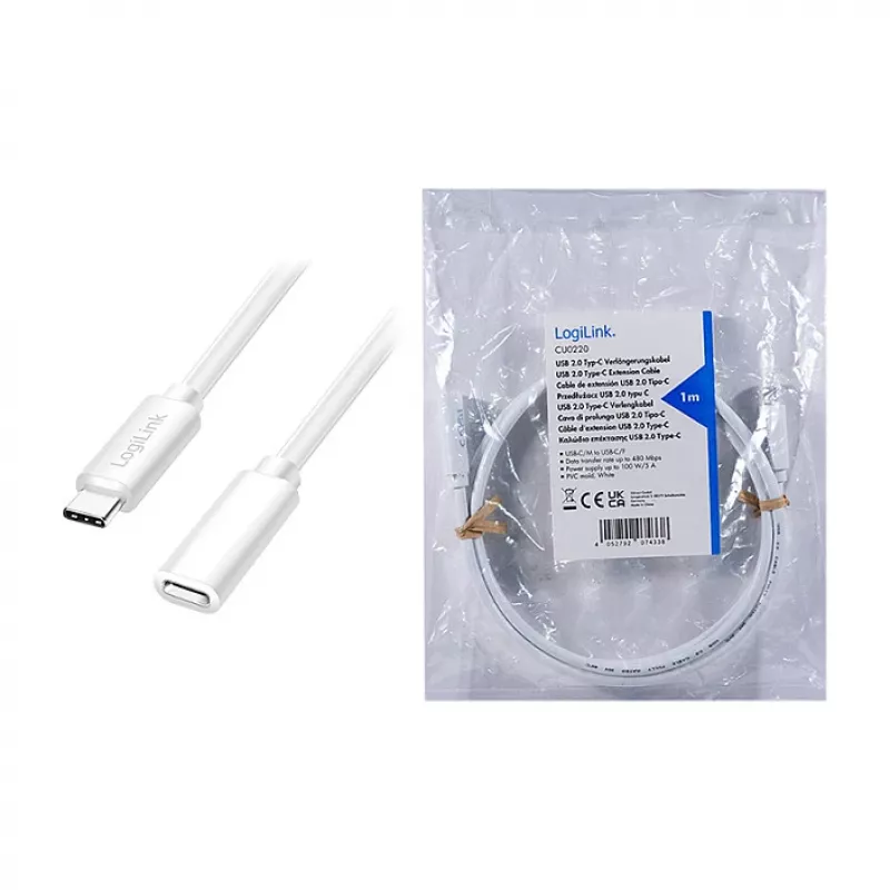 LOGILINK cavo prolunga USB 2.0 Type-C – connettore maschio USB-C su femmina, 480 Mbit/s, 100W Power Delivery, bianco, 1m