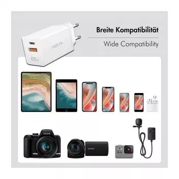 Logilink Caricabatterie USB-A/C 65 W GaN, 1x USB-A (QC), 1x USB-C (PD), bianco