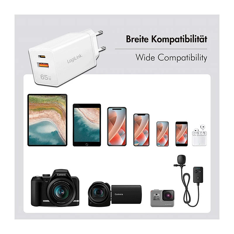 Logilink Caricabatterie USB-A/C 65 W GaN, 1x USB-A (QC), 1x USB-C (PD), bianco