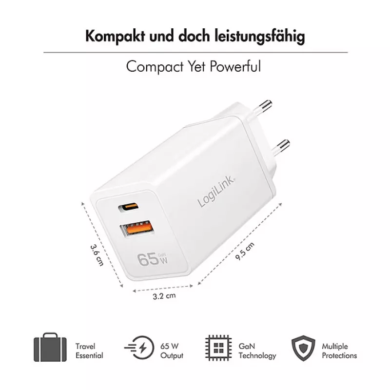 Logilink Caricabatterie USB-A/C 65 W GaN, 1x USB-A (QC), 1x USB-C (PD), bianco