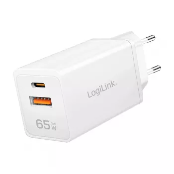 Logilink Caricabatterie USB-A/C 65 W GaN, 1x USB-A (QC), 1x USB-C (PD), bianco