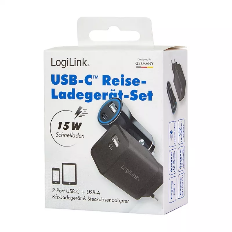 Logilink Kit di ricarica USB-A/C, 15 W, 1x USB-A, 1x USB-C, nero