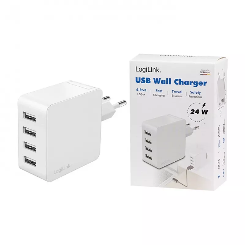 Logilink caricabatterie USB-A, 24 W, 4 porte, 4x USB-A, bianco