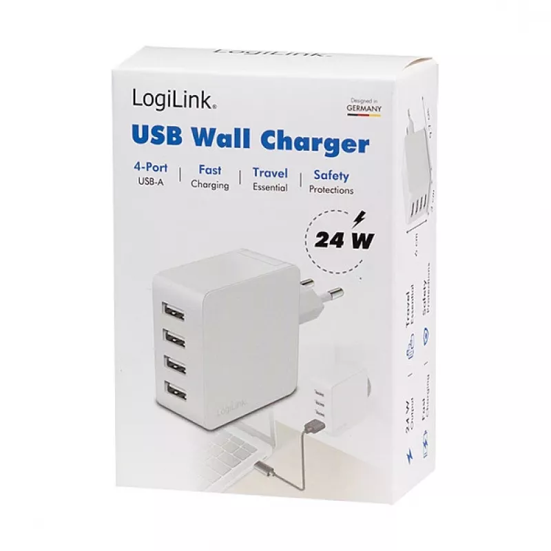 Logilink caricabatterie USB-A, 24 W, 4 porte, 4x USB-A, bianco