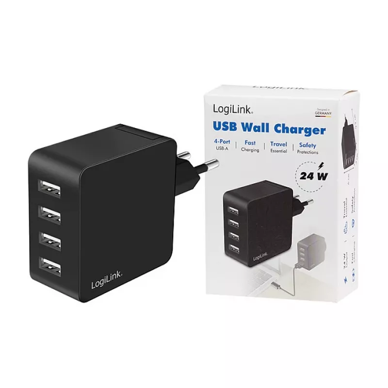 LogiLink caricabatterie da parete USB-A, 24W, 4 porte, 4x USB-A, nero