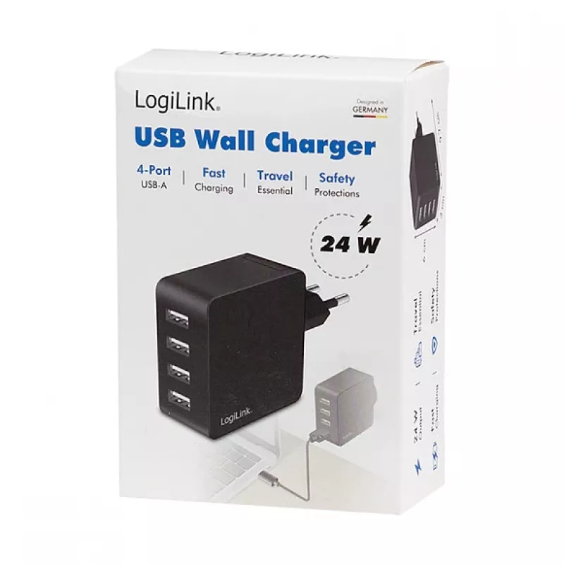 LogiLink caricabatterie da parete USB-A, 24W, 4 porte, 4x USB-A, nero