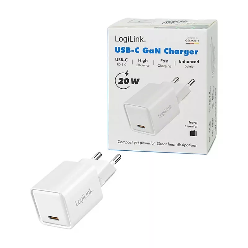 LogiLink caricabatterie USB-C 20 W GaN, 1 porta, USB Power Delivery, bianco