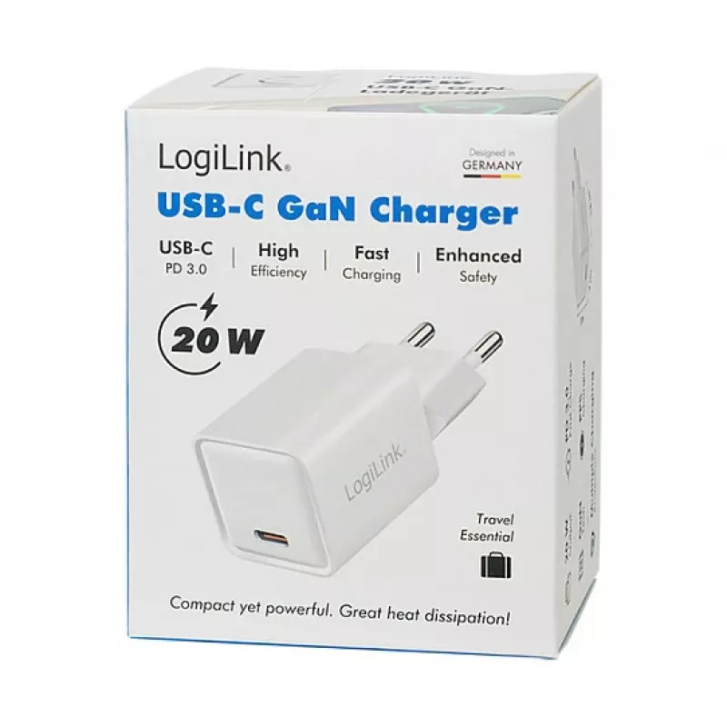 LogiLink caricabatterie USB-C 20 W GaN, 1 porta, USB Power Delivery, bianco