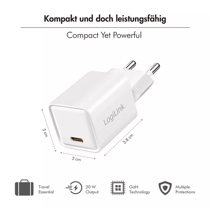 LogiLink caricabatterie USB-C 20 W GaN, 1 porta, USB Power Delivery, bianco
