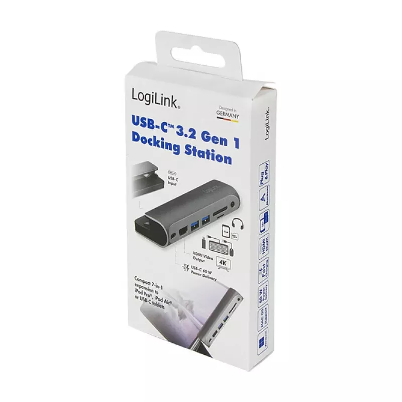 LOGILINK docking station USB-C, 7 porte, USB 3.2 Gen1, 100W PD, 4K HDMI, per iPad, alluminio (UA0385)