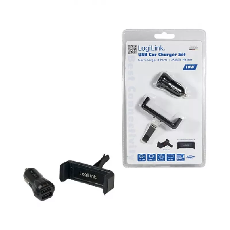 LogiLink set caricabatterie USB da auto, caricabatterie a 2 porte + supporto