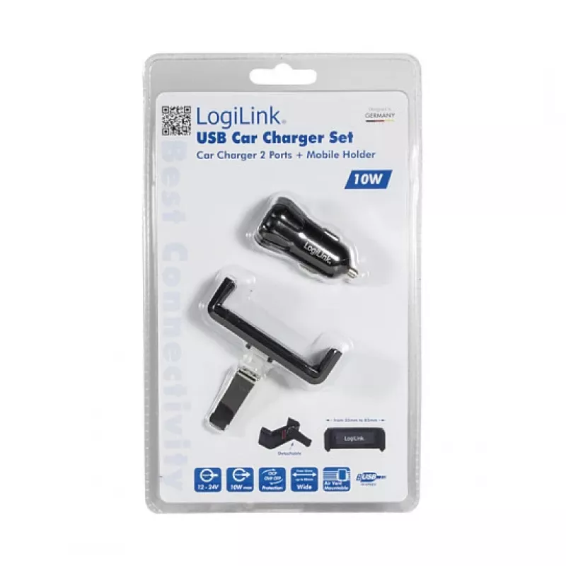 LogiLink set caricabatterie USB da auto, caricabatterie a 2 porte + supporto