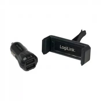 LogiLink set caricabatterie USB da auto, caricabatterie a 2 porte + supporto