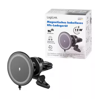 LogiLink Caricabatterie wireless per auto con supporto smartphone 15W, forma rotonda, Qi, bloccaggio automatico, bocchetta di aerazione e ventosa, nero