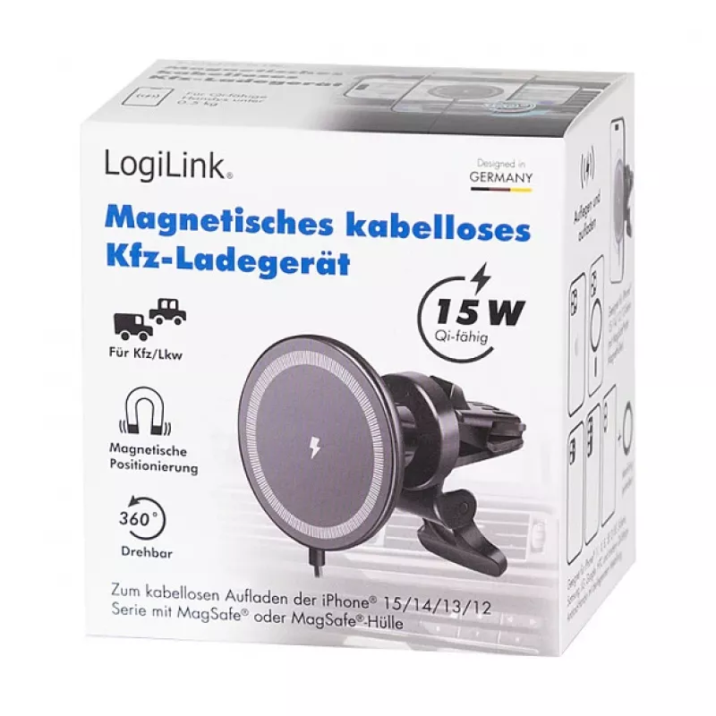 LogiLink Caricabatterie wireless per auto con supporto smartphone 15W, forma rotonda, Qi, bloccaggio automatico, bocchetta di aerazione e ventosa, nero
