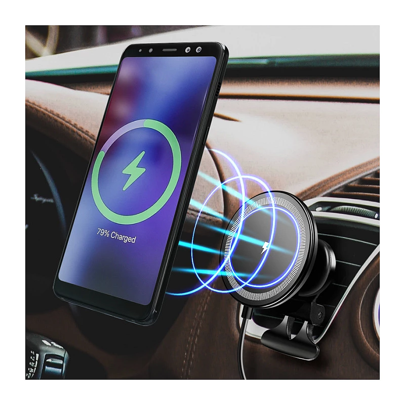 LogiLink Caricabatterie wireless per auto con supporto smartphone 15W, forma rotonda, Qi, bloccaggio automatico, bocchetta di aerazione e ventosa, nero