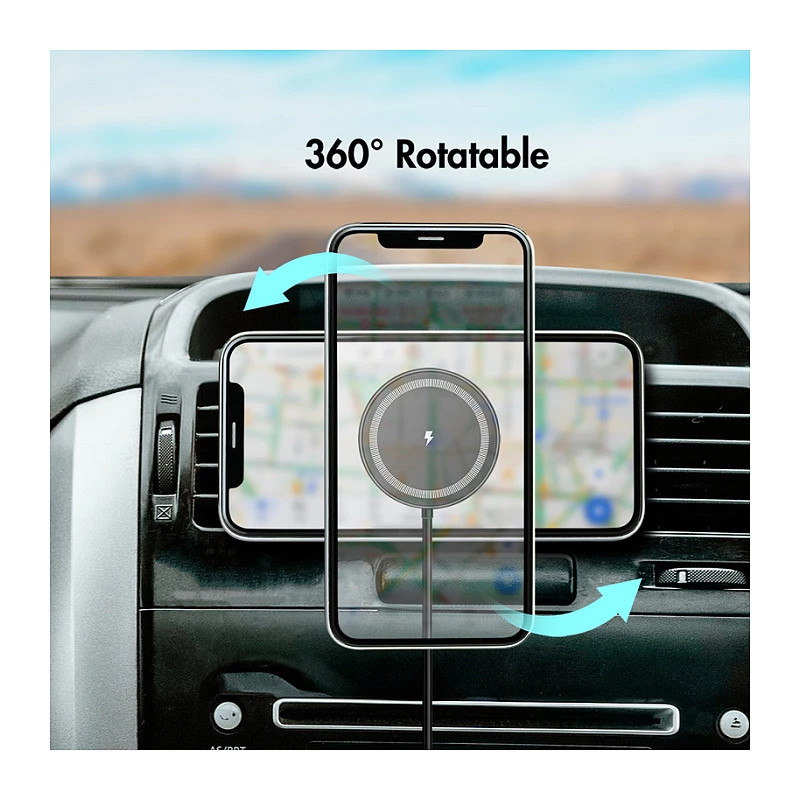 LogiLink Caricabatterie wireless per auto con supporto smartphone 15W, forma rotonda, Qi, bloccaggio automatico, bocchetta di aerazione e ventosa, nero