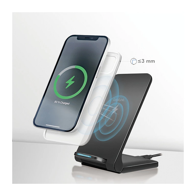 Logilink supporto di ricarica rapida wireless 15 W, doppia bobina, nero